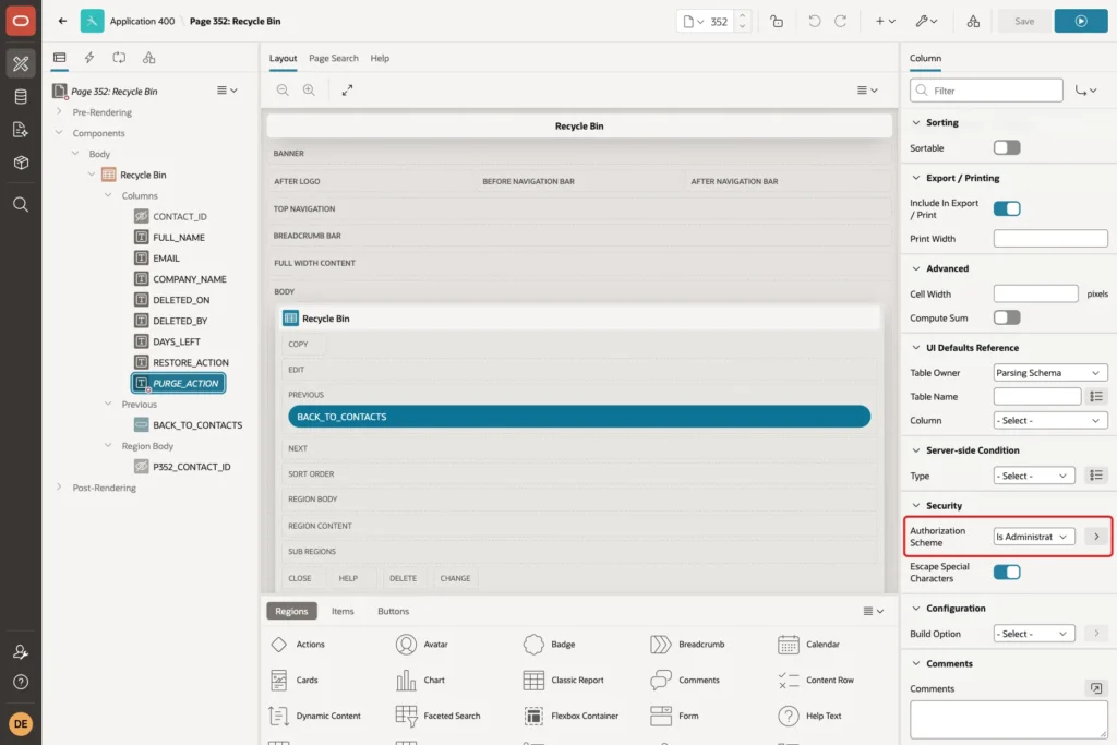 Security group of the PURGE_ACTION column with Authorization Scheme Is Administrator marked with a red box