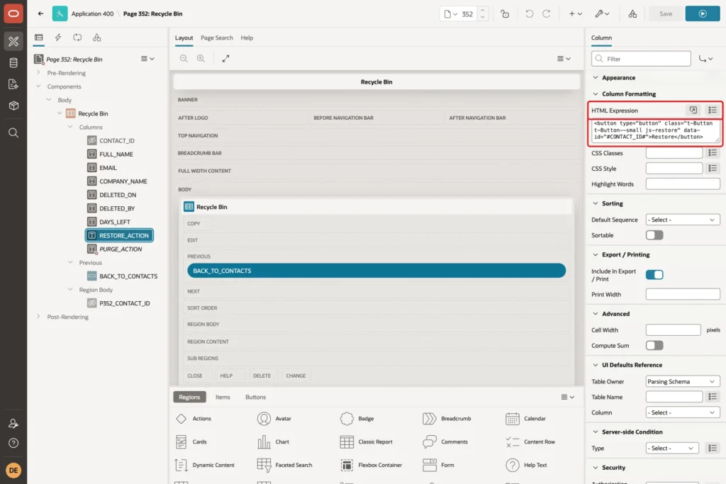 Page Designer with the RESTORE_ACTION column, Heading Restore and the HTML Expression marked with red boxes