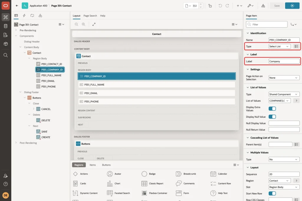 Page Designer with P351_COMPANY_ID, Type Select List and Label Company marked with red boxes