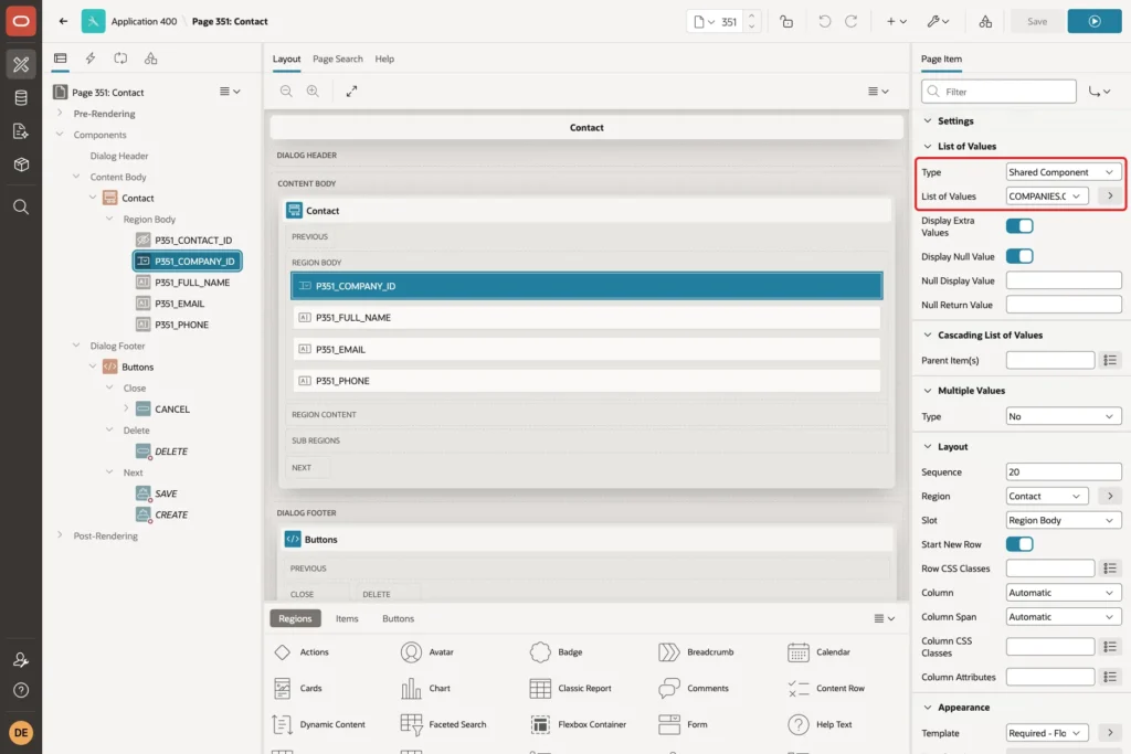 List of Values group with Type Shared Component and List of Values COMPANIES.COMPANY_NAME marked with a red box