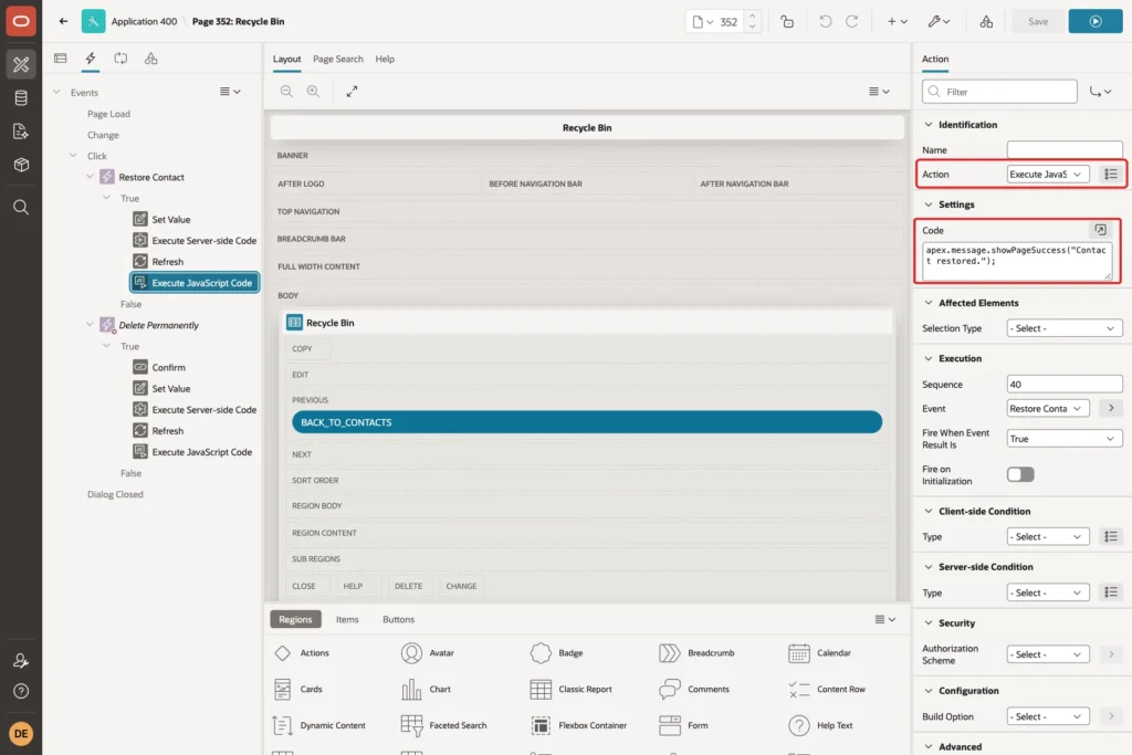 Execute JavaScript Code action with the apex.message.showPageSuccess call marked with a red box
