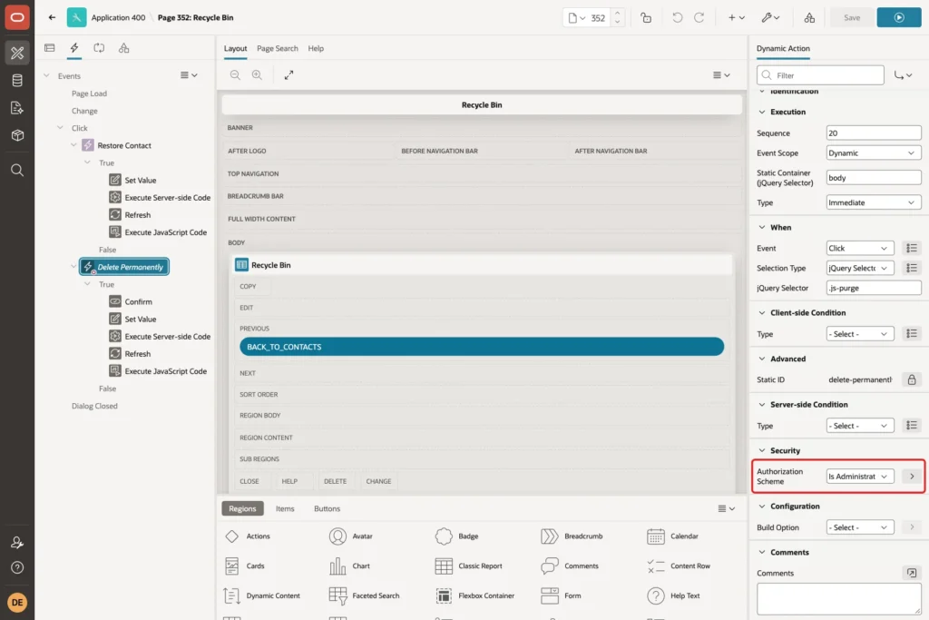 Security group of the dynamic action with Authorization Scheme Is Administrator marked with a red box