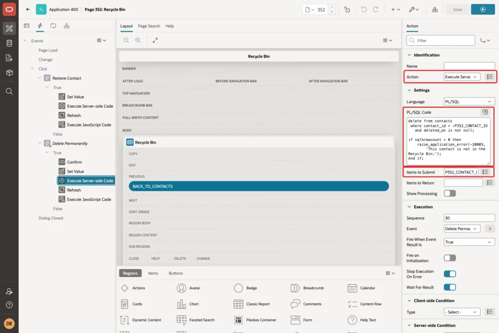 Execute Server-side Code action with the DELETE statement and Items to Submit P352_CONTACT_ID marked with red boxes
