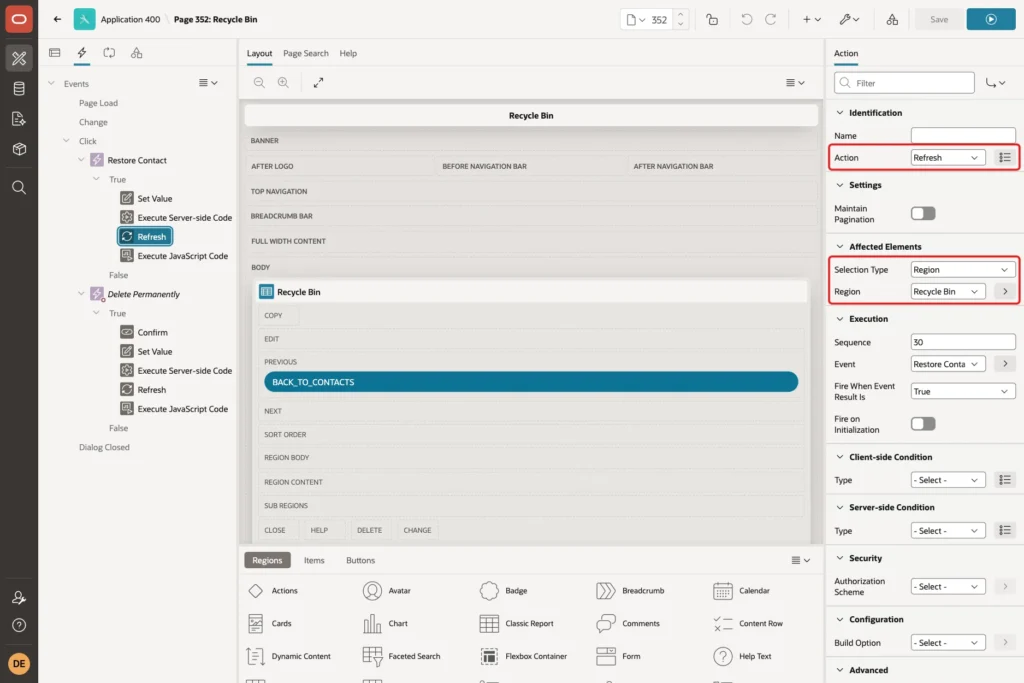 Refresh action with Selection Type Region and Region Recycle Bin marked with red boxes