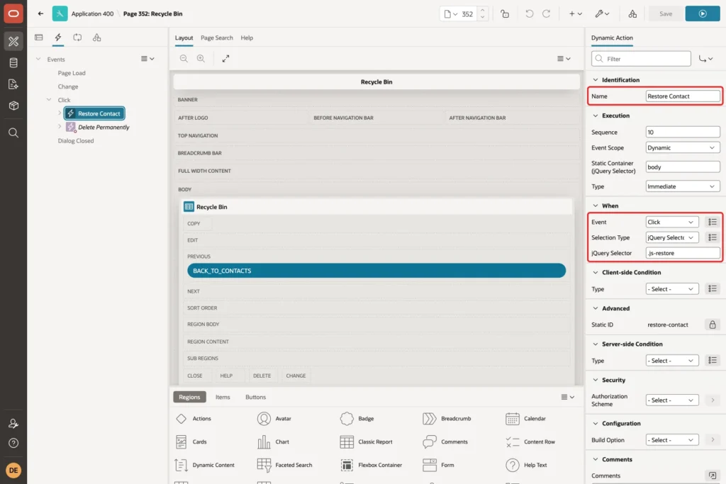 Restore Contact dynamic action with Name, Event Click, Selection Type jQuery Selector and .js-restore marked with red boxes