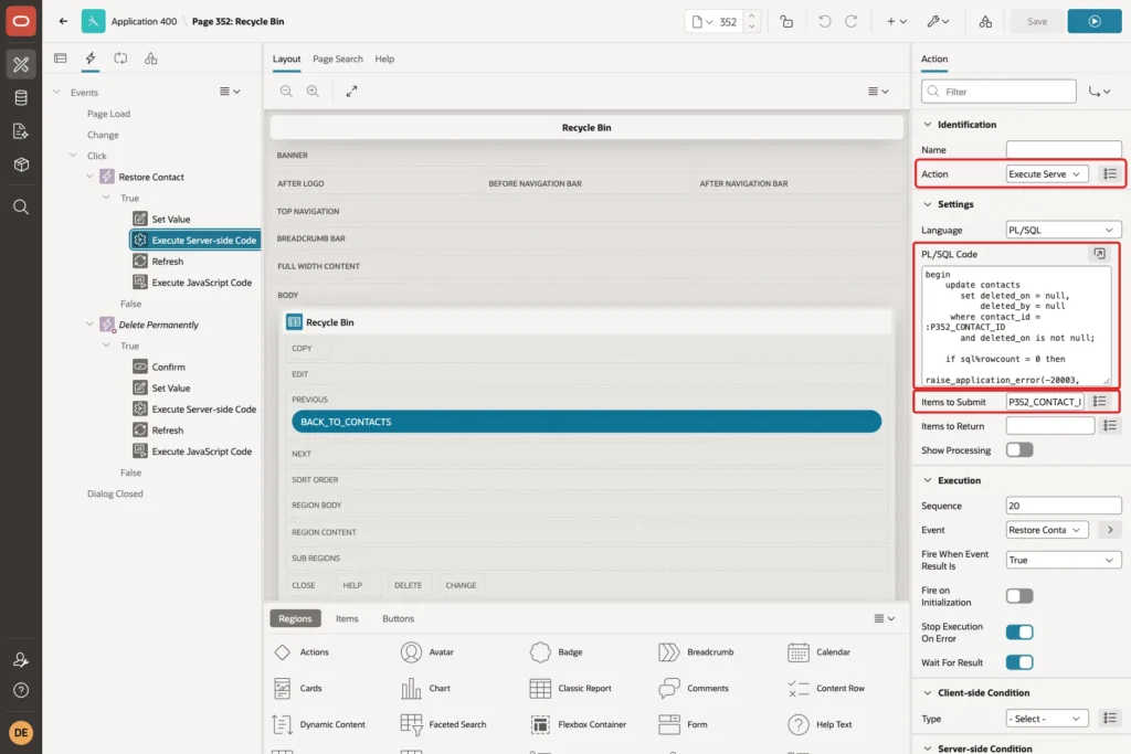 Execute Server-side Code action with the restore PL/SQL Code and Items to Submit P352_CONTACT_ID marked with red boxes