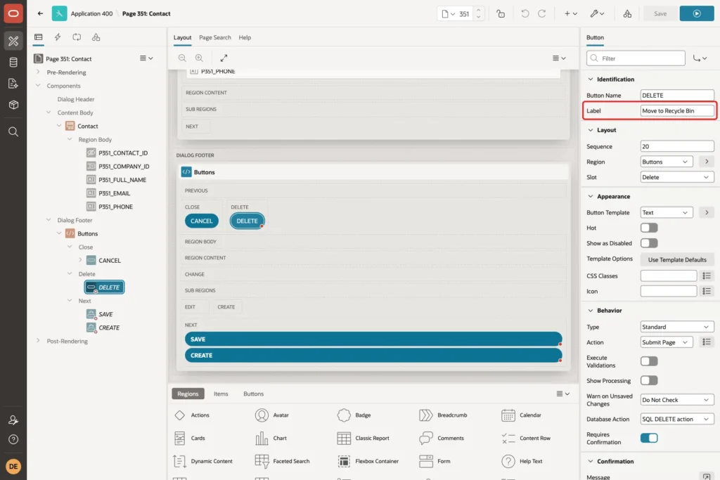 Page Designer with the DELETE button selected and Label Move to Recycle Bin marked with a red box