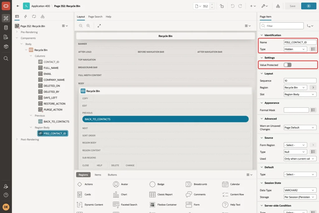 Page Designer with P352_CONTACT_ID, Type Hidden and Value Protected turned off marked with red boxes