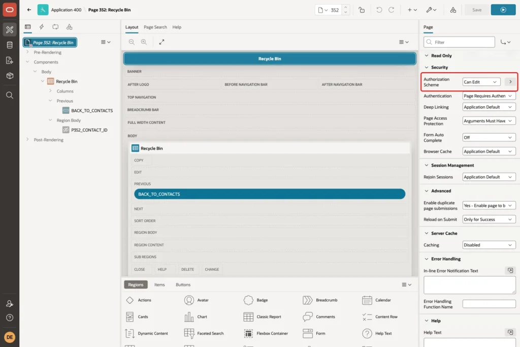 Page Designer with page 352 selected and Authorization Scheme Can Edit marked with a red box