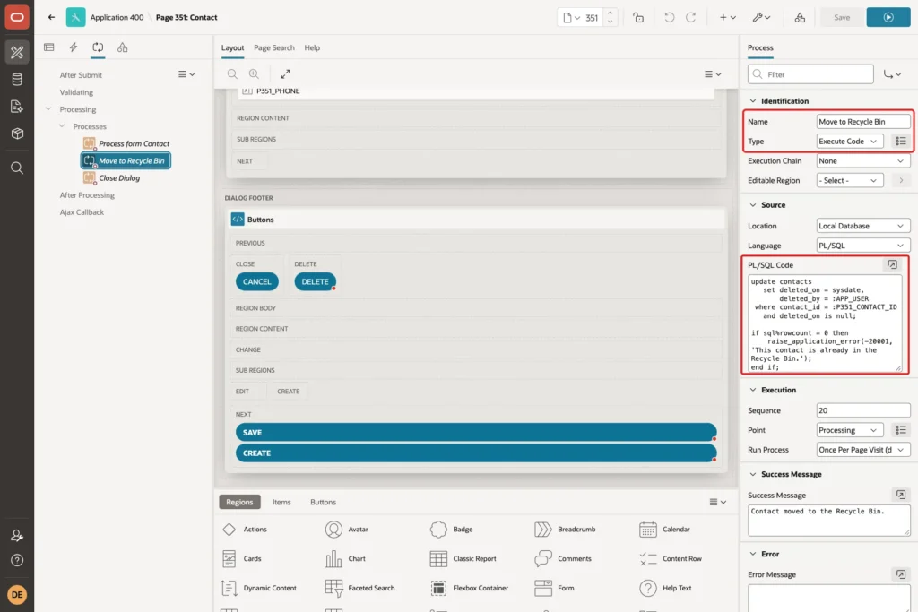 Page Designer with the Move to Recycle Bin process, Name, Type Execute Code and the PL/SQL Code marked with red boxes