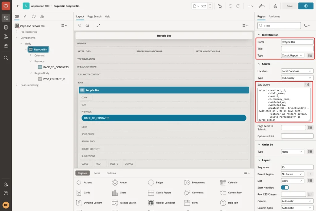 Page Designer with the Recycle Bin classic report region, its Name, Type and SQL Query marked with red boxes