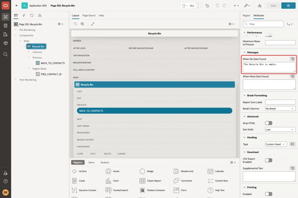 Attributes tab of the region with When No Data Found The Recycle Bin is empty marked with a red box