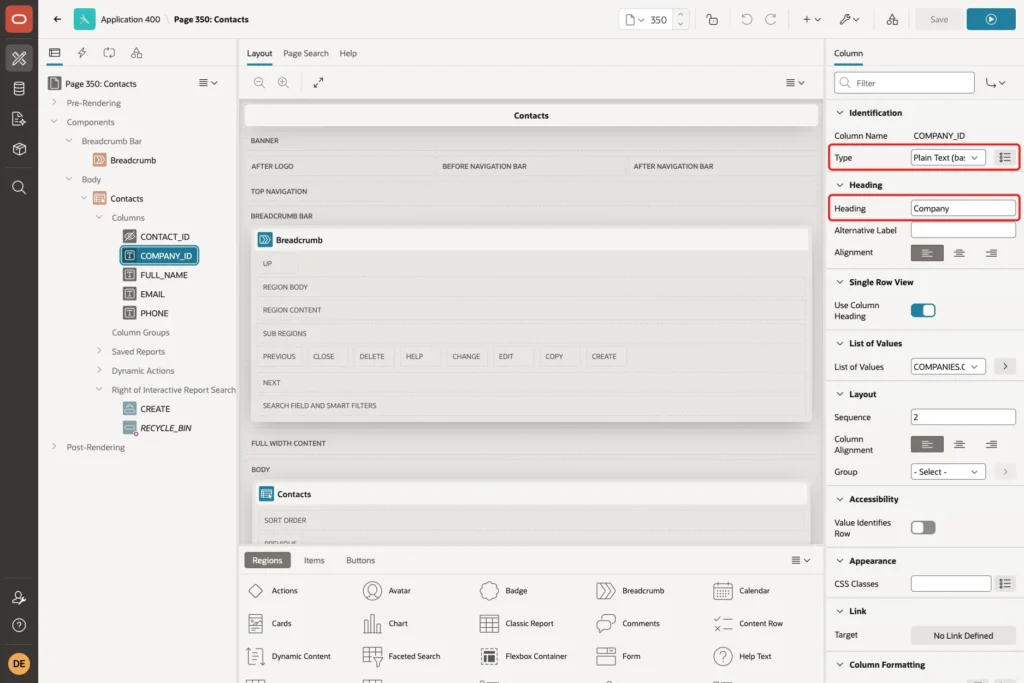 Page Designer with the COMPANY_ID column, Type Plain Text based on List of Values and Heading Company marked with red boxes