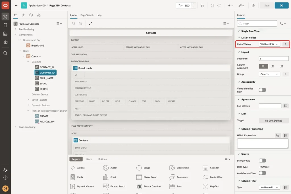List of Values group of the COMPANY_ID column with COMPANIES.COMPANY_NAME marked with a red box