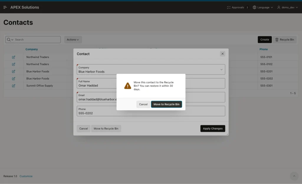Warning confirmation asking to move the contact to the Recycle Bin with Cancel and Move to Recycle Bin buttons