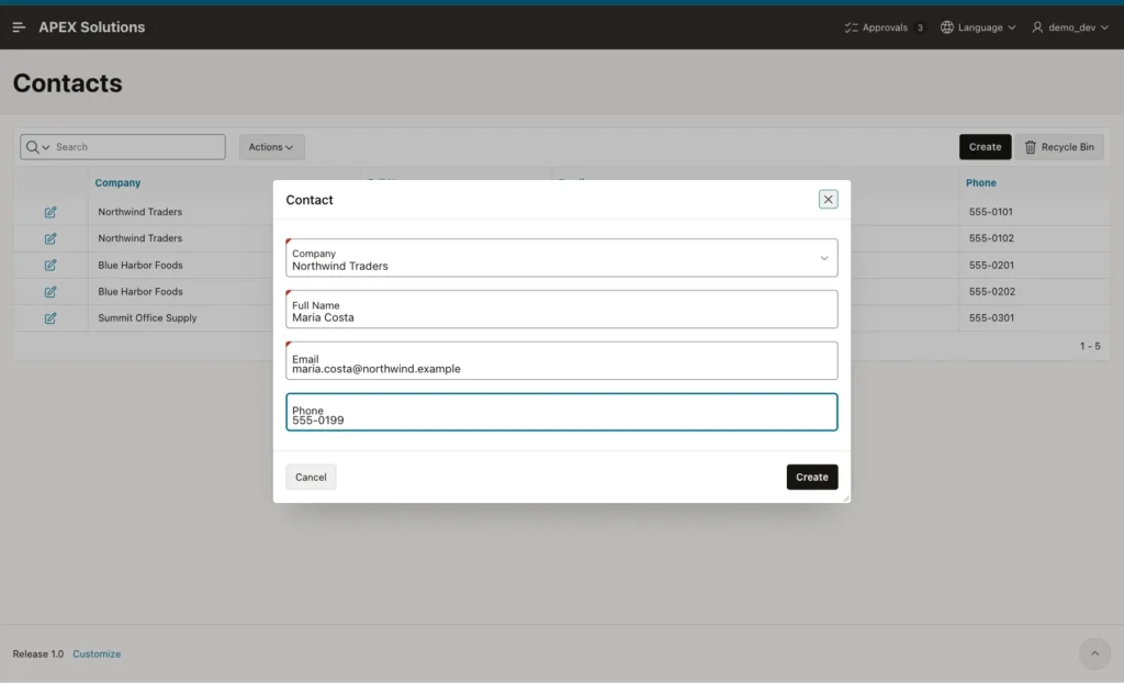 New contact dialog with Maria Costa and the email maria.costa@northwind.example