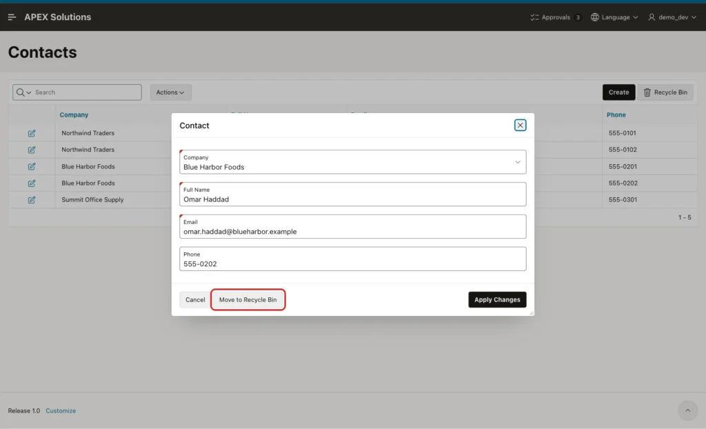 Contact dialog for Omar Haddad with the Move to Recycle Bin button marked with a red box