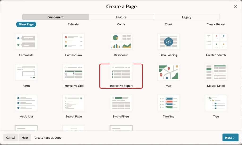 Create a Page dialog with the Interactive Report page type marked with a red box