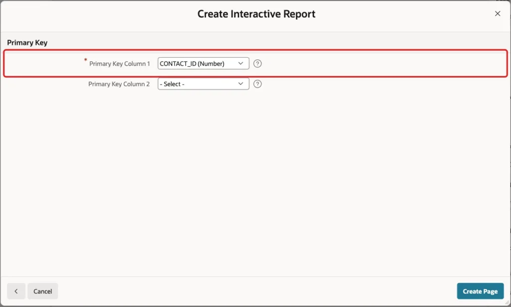 Primary Key screen of the wizard with Primary Key Column 1 CONTACT_ID marked with a red box