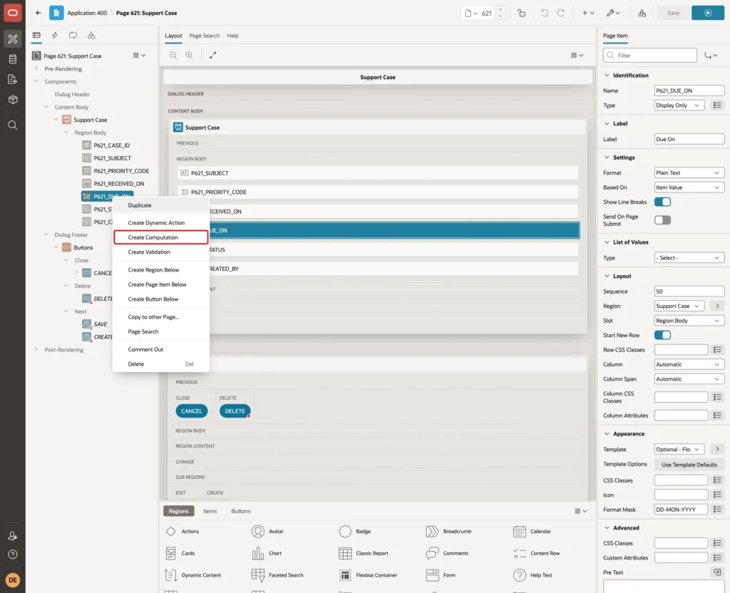 Context menu of P621_DUE_ON in Page Designer with Create Computation marked with a red box