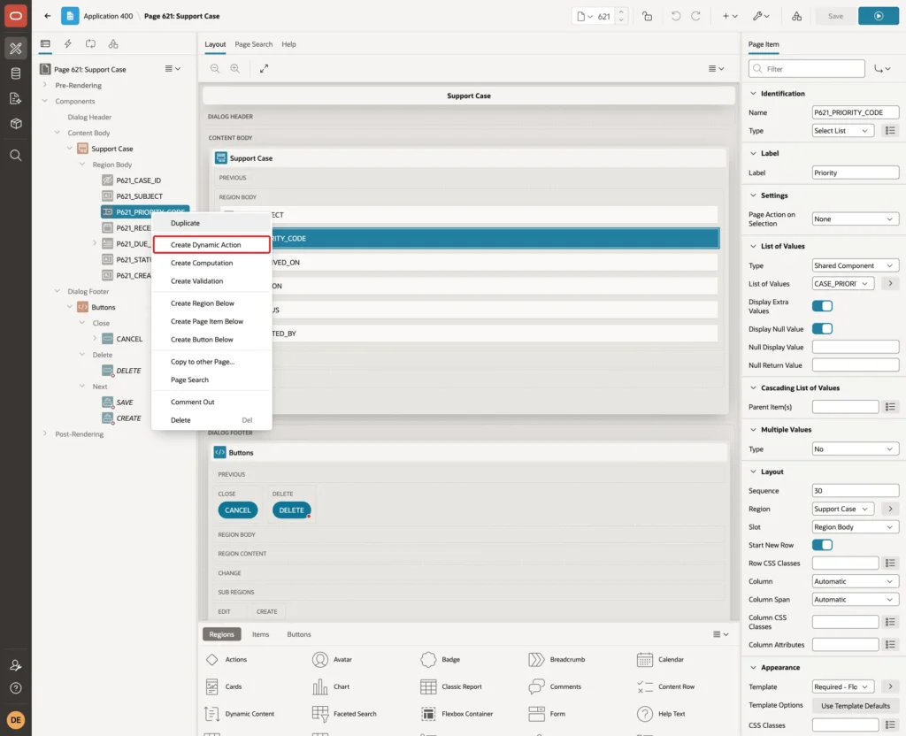 Context menu of P621_PRIORITY_CODE with Create Dynamic Action marked with a red box