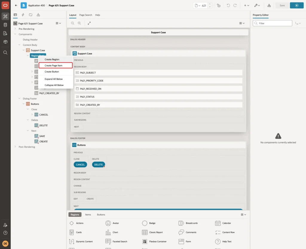 Context menu of Region Body in Page Designer with Create Page Item marked with a red box