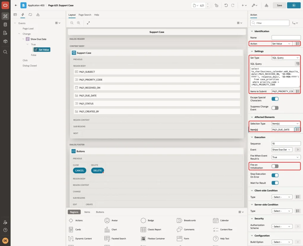 Set Value action with Set Type SQL Query, the query, Items to Submit, Affected Element P621_DUE_DATE and Fire on Initialization off marked with red boxes