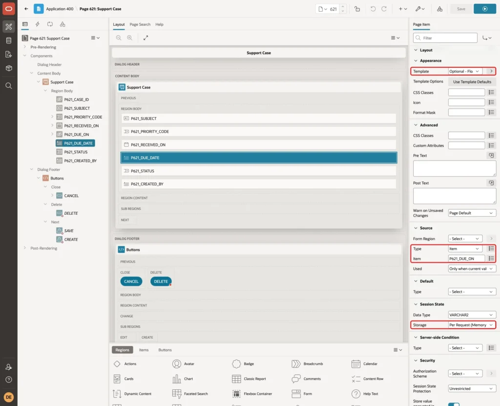 P621_DUE_DATE with Template Optional - Floating, Source Type Item, Item P621_DUE_ON and Storage Per Request marked with red boxes