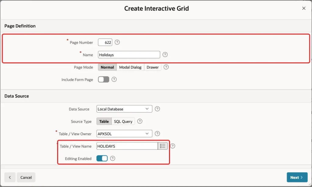 Create Interactive Grid wizard with page 622 Holidays, table HOLIDAYS and Editing Enabled marked with red boxes