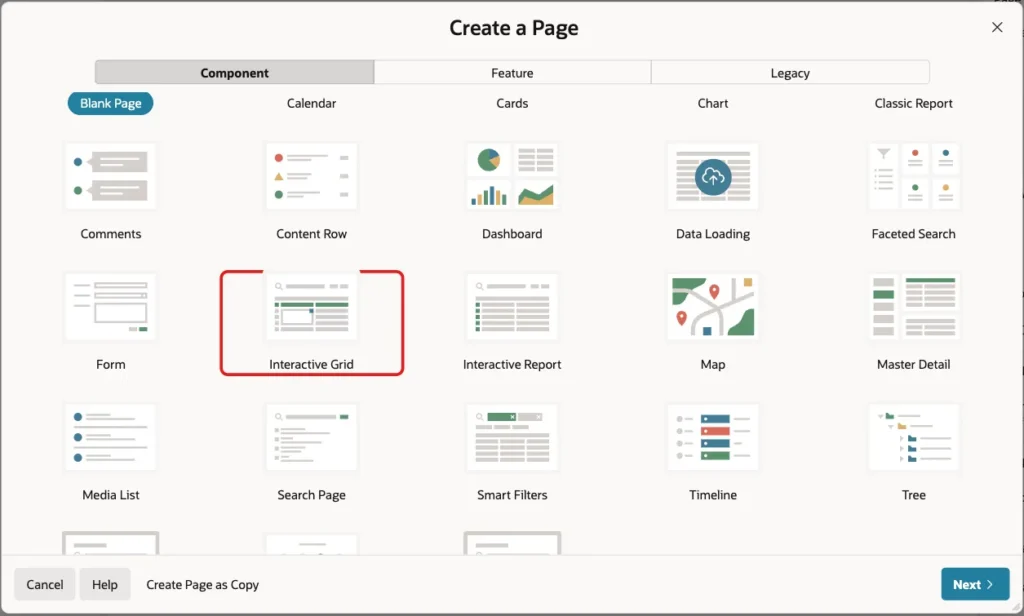 Create a Page dialog with the Interactive Grid page type marked with a red box