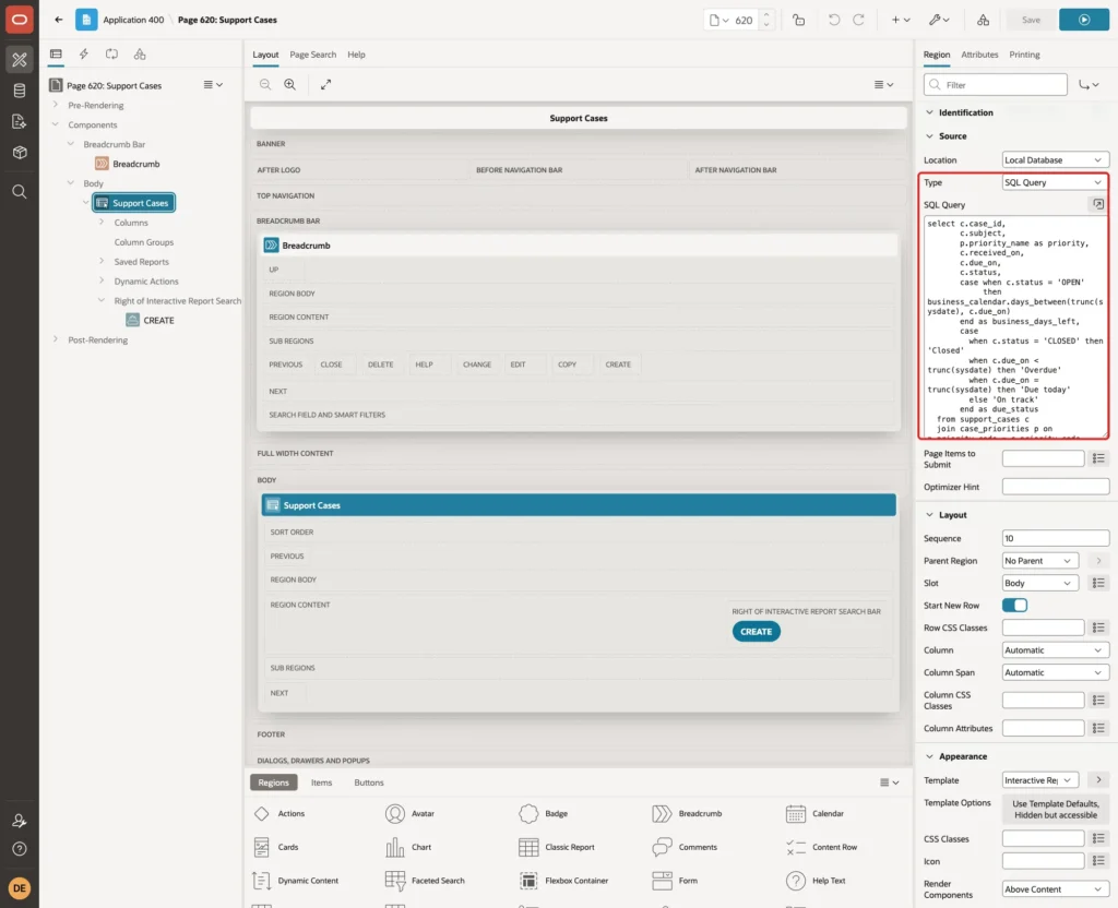 Interactive report region with Source Type SQL Query and the query with business_calendar.days_between marked with a red box