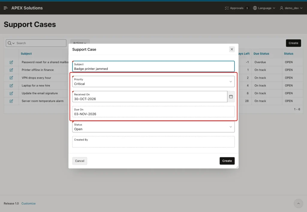 Support Case dialog with Received On 30-OCT-2026, Priority Critical and Due On 03-NOV-2026 marked with a red box