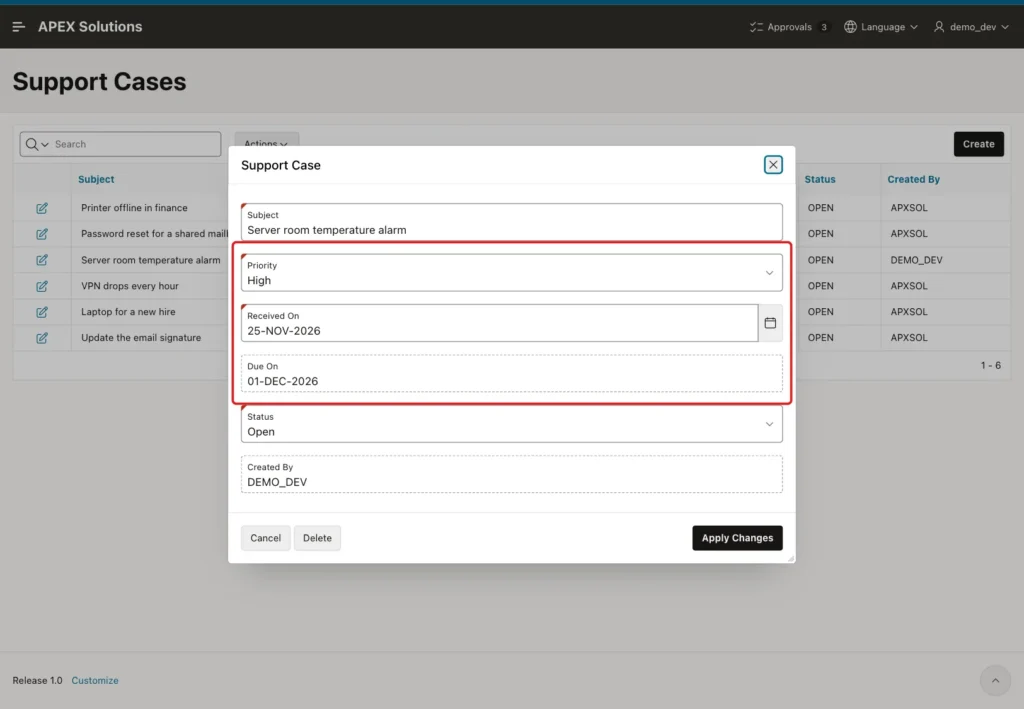 Edit dialog of the Server room case with Priority High, Received On 25-NOV-2026 and Due On 01-DEC-2026 marked with a red box