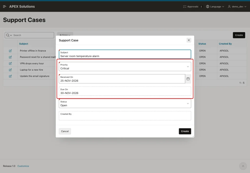 Support Case dialog with Received On 25-NOV-2026 and Due On 30-NOV-2026 marked with a red box