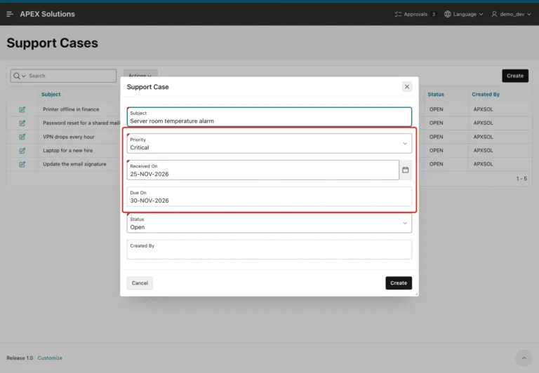 Support Case dialog with Received On 25-NOV-2026 and Due On 30-NOV-2026 marked with a red box