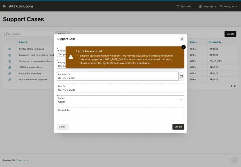 Support Case dialog showing the error Session state protection violation for page item P621_DUE_ON