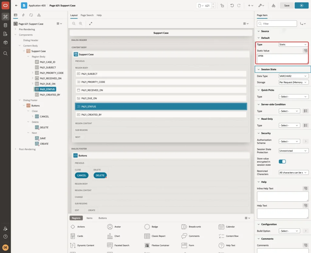 Default of P621_STATUS with Type Static and Static Value OPEN marked with a red box