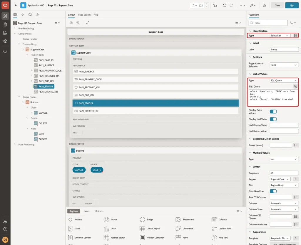 P621_STATUS with Type Select List and the List of Values SQL Query marked with red boxes