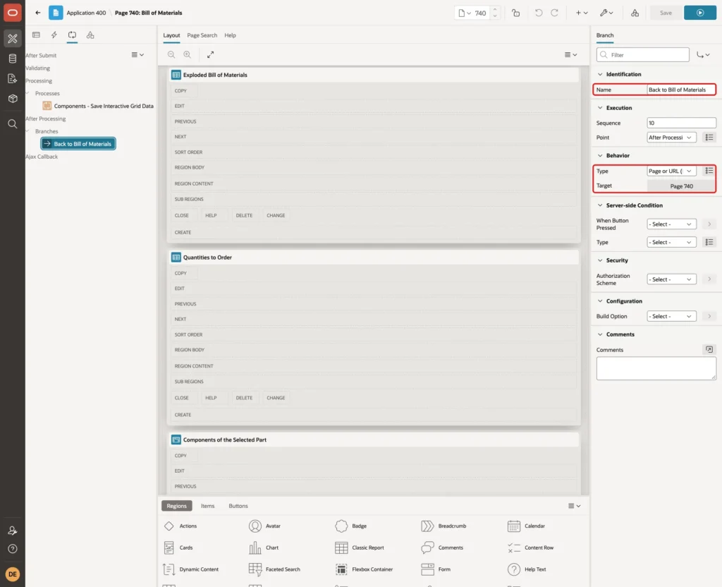 Branch Back to Bill of Materials with Type Page or URL Redirect and Target Page 740 marked with red boxes