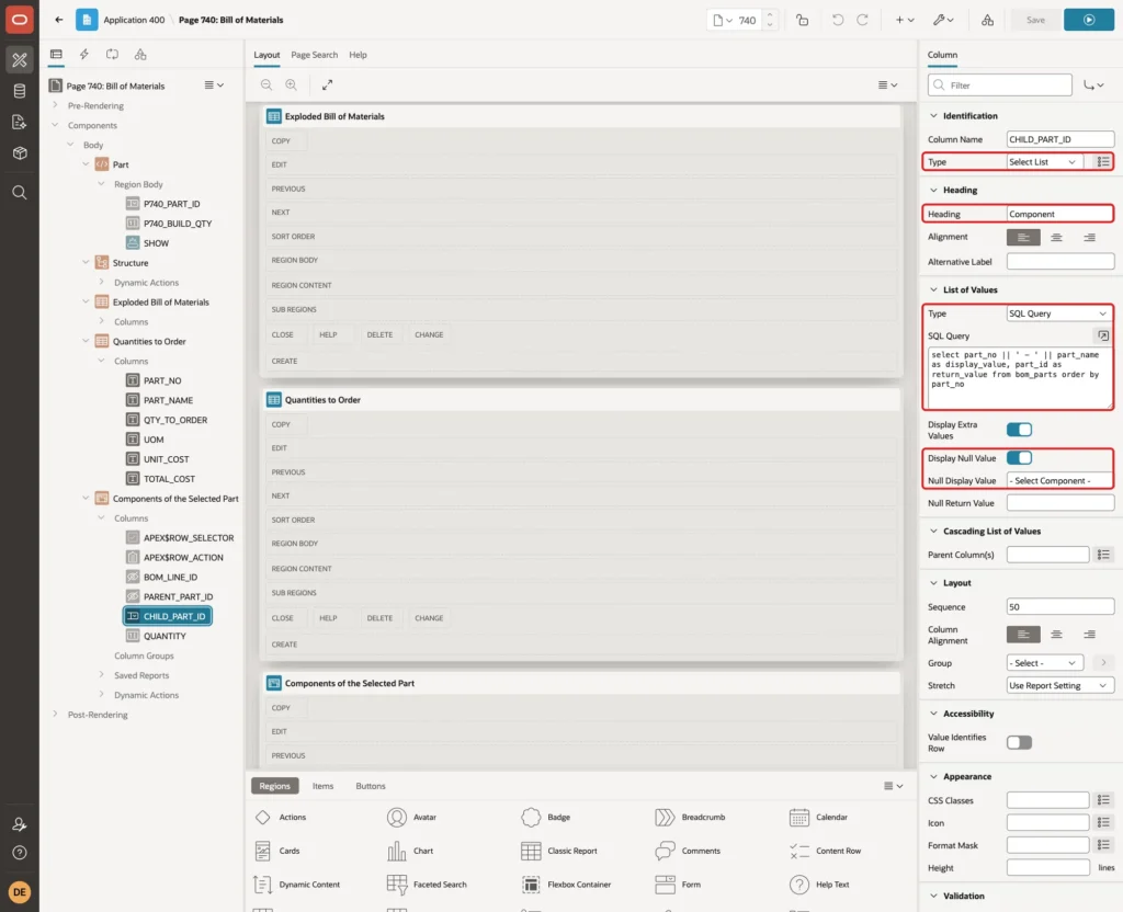 Column CHILD_PART_ID with Type Select List, Heading Component, LOV Type SQL Query, the query, Display Null Value on and Null Display Value marked with red boxes