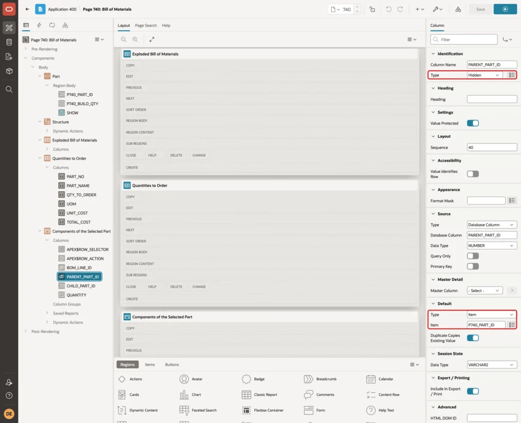 Column PARENT_PART_ID with Type Hidden and Default Type Item, Item P740_PART_ID marked with red boxes