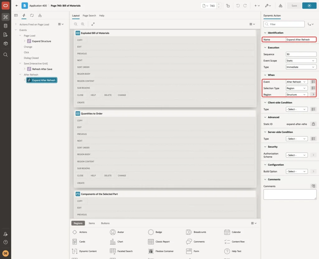Dynamic action Expand After Refresh with Event After Refresh, Selection Type Region and Region Structure marked with red boxes