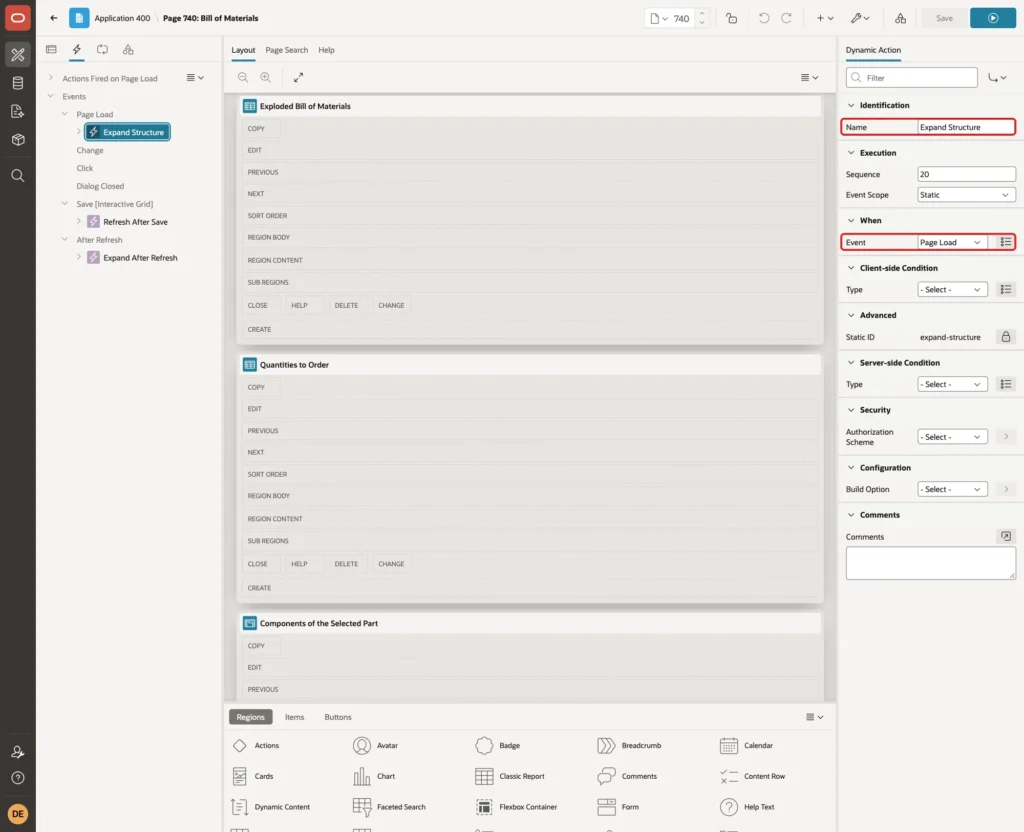Dynamic action Expand Structure with Event Page Load marked with red boxes