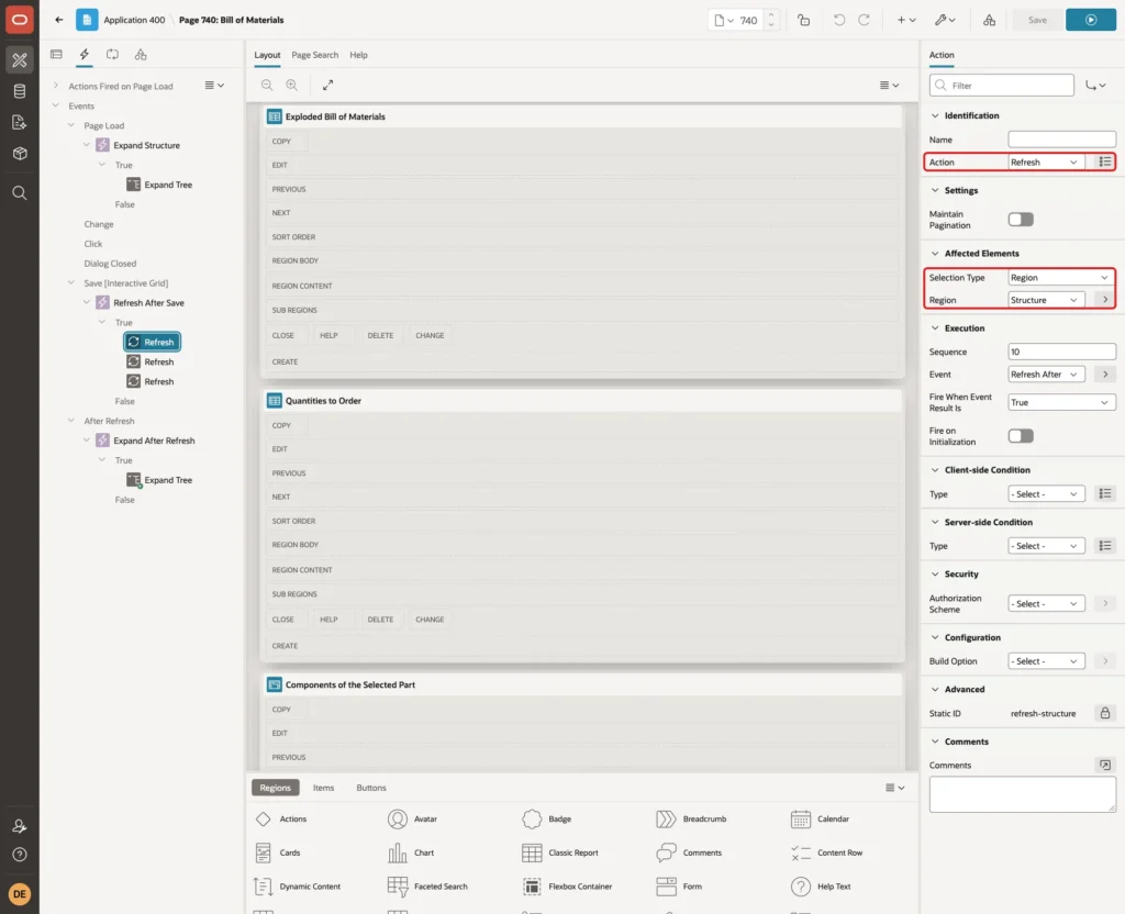 Action Refresh with Selection Type Region and Region Structure marked with red boxes