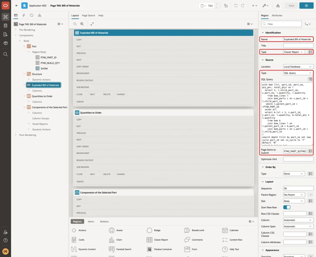 Region Exploded Bill of Materials with Name, Type Classic Report, Source Type SQL Query, the query and Page Items to Submit marked with red boxes