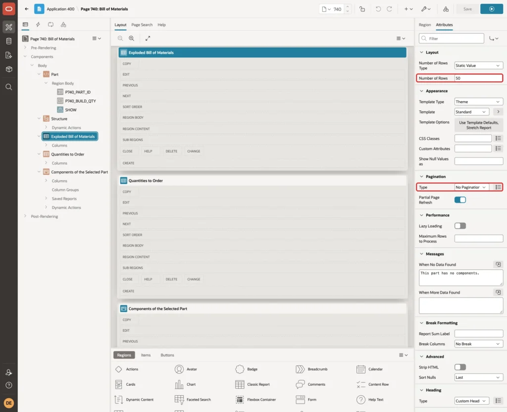 Classic report attributes Number of Rows 50 and Pagination Type No Pagination marked with red boxes