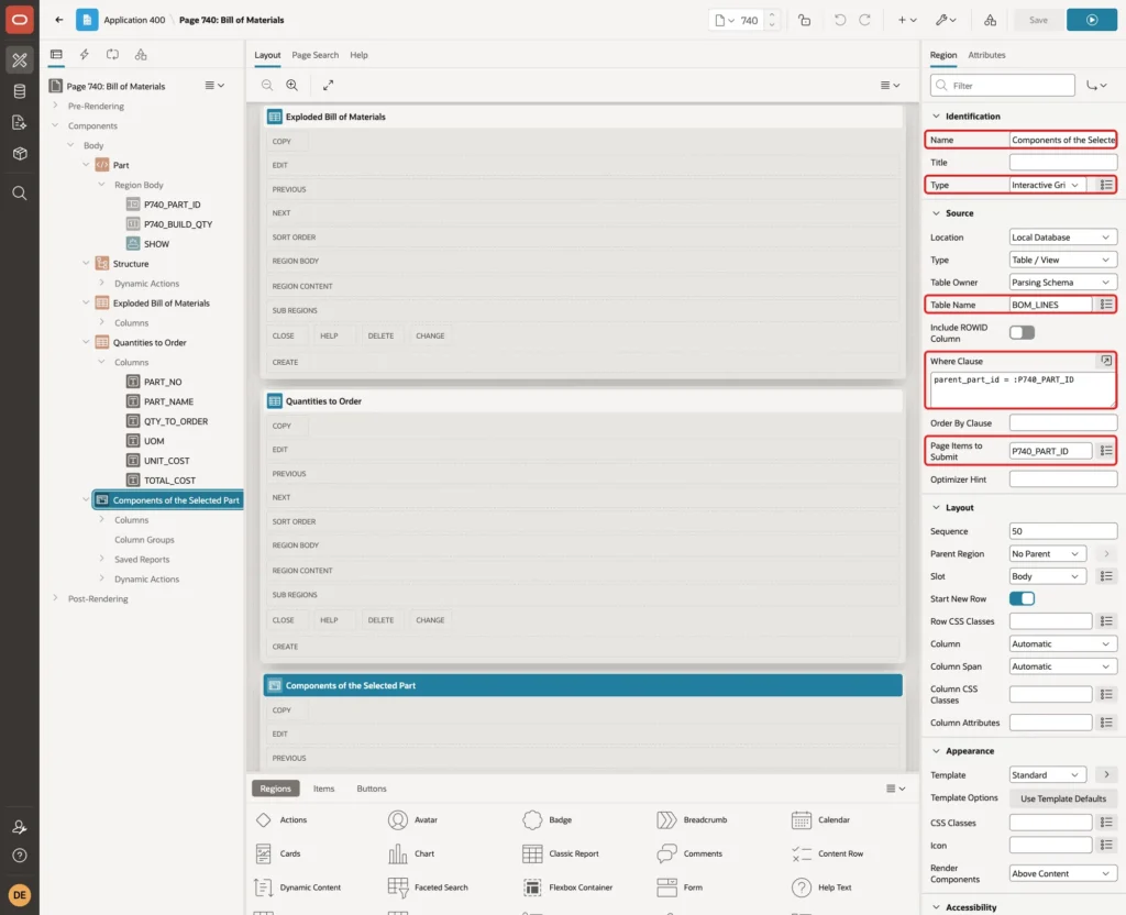 Interactive grid region with Name, Type, Table Name BOM_LINES, Where Clause parent_part_id = :P740_PART_ID and Page Items to Submit P740_PART_ID marked with red boxes