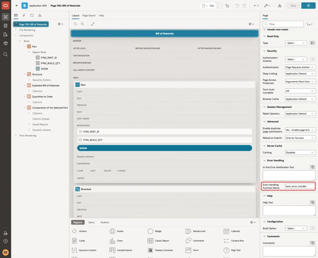 Page 740 properties with Error Handling Function Name bom_error_handler marked with a red box
