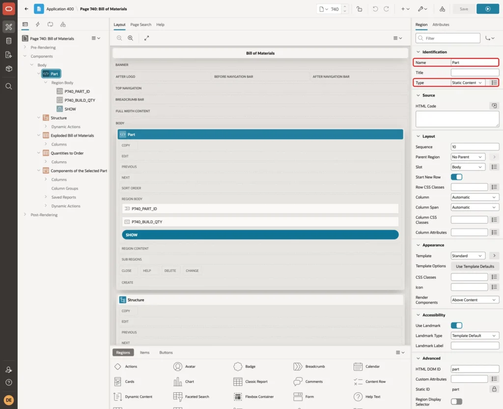 Region Part with Name and Type Static Content marked with red boxes