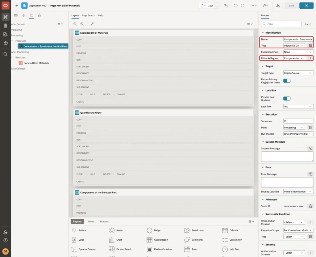 Process with Name Components - Save Interactive Grid Data, Type Interactive Grid Automatic Row Processing DML and Editable Region marked with red boxes